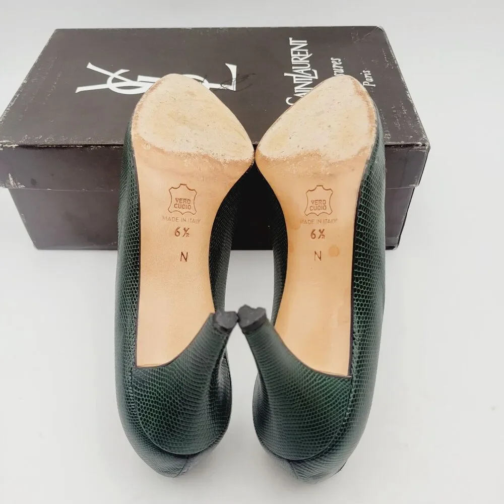 Vtg YVES SAINT LAURENT Green Python Triboo Heels Pumps Sz 6.5 Made In Italy - Picture 8 of 11